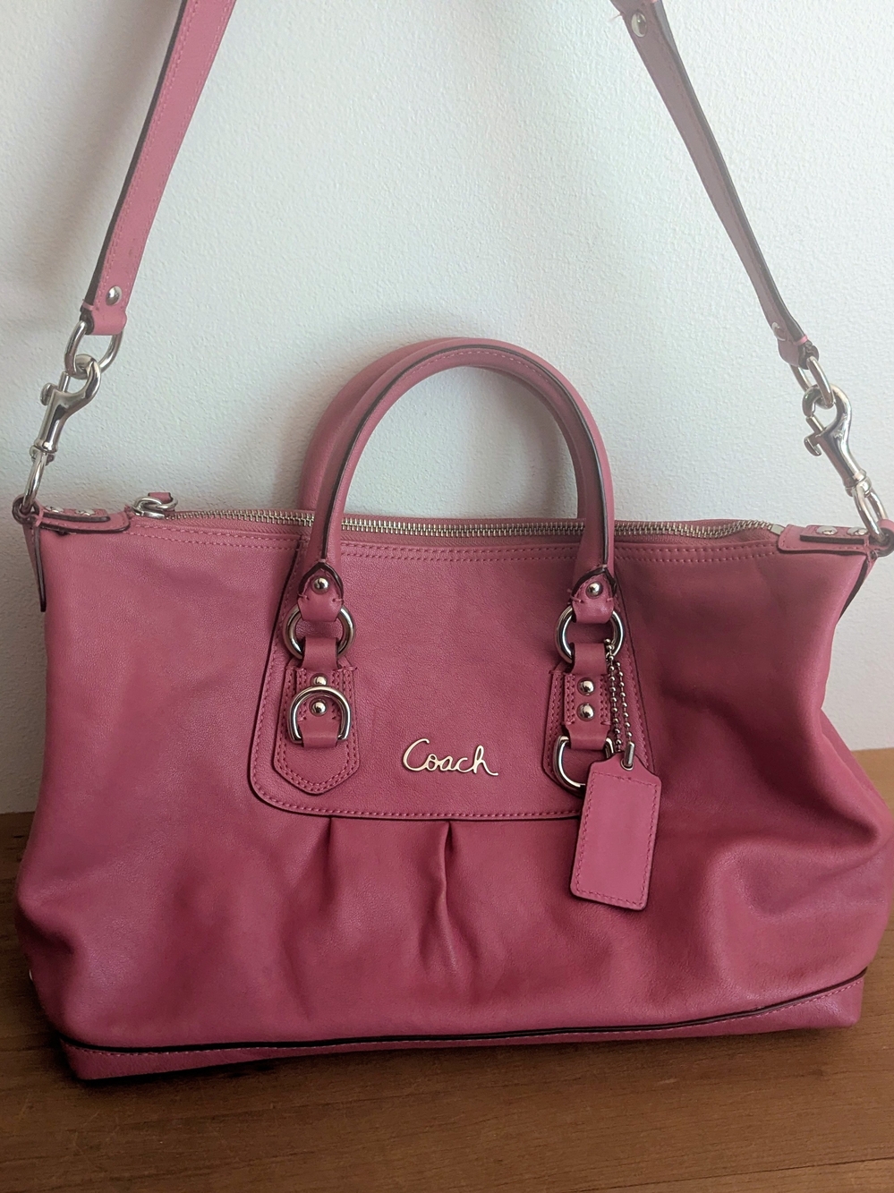 Coach Pink Leather Satchel Shoulder Bag Silver Hardware Detachable Strap